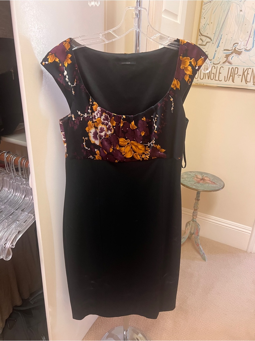 Elie Tahari Black Midi Dress with Purple & Mustard Floral Yoke